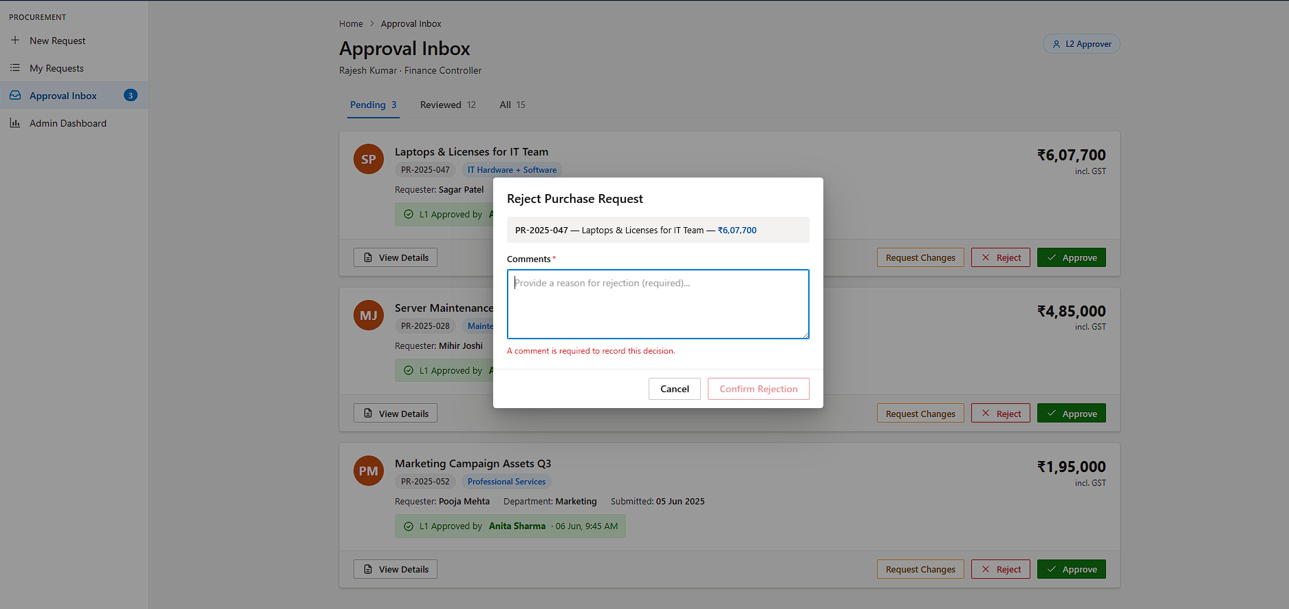 Reject purchase request modal — mandatory rejection reason field
